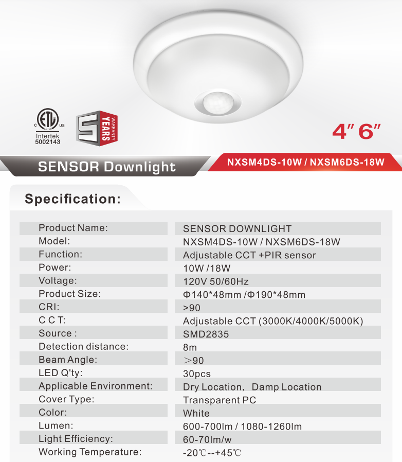 Nexleds 4" 10W Sensor Downlight