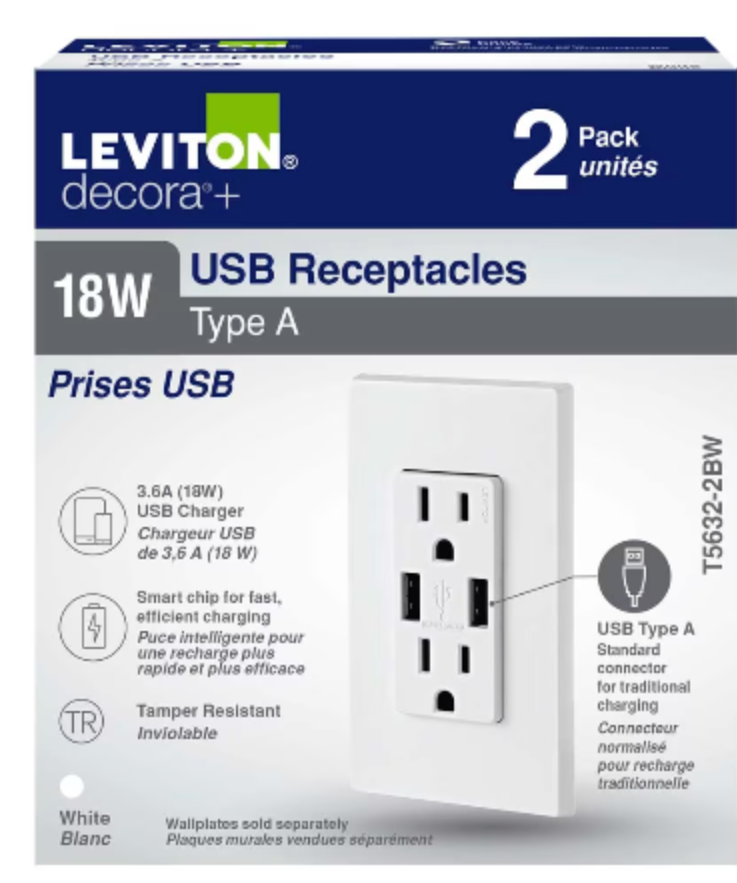 Leviton Decora Duplex 3.6 Amp USB Charger and 15 amp Tamper Resistant Receptacle (2-Pack)